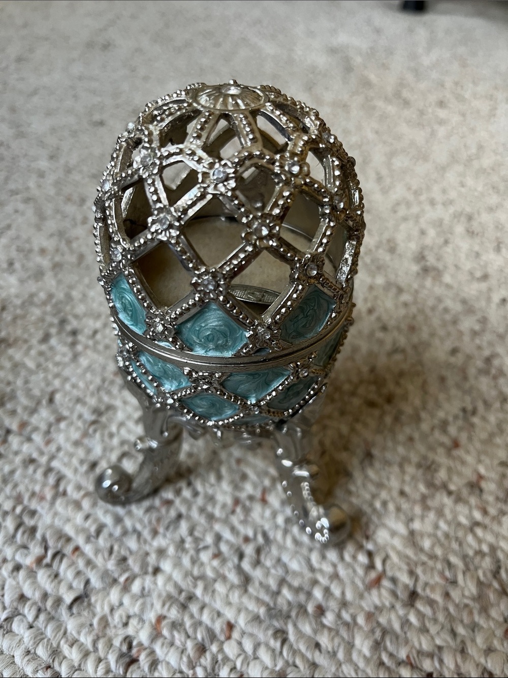 Ornate Silver Filigree Egg Trinket Box with Aqua Inlay